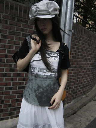 Asymmetric Shoulder Color Block Print Tee
