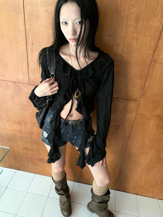 Asymmetric V-neck Cutout Blouse With Floral Ties Shirts