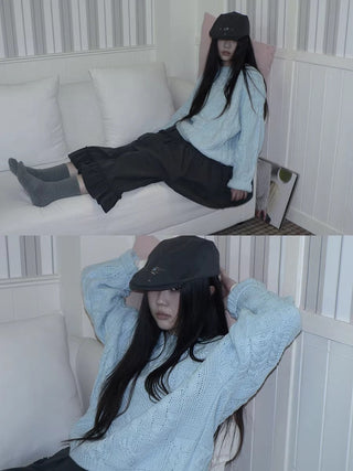 Cozy Chunky Knit Retro Loose Fit Pullover Women Crewneck Cropped Sweater