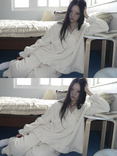 Cozy Coral Fleece Loose Fit V Neck Long Sleeve Women Home Beige Two Piece Suit