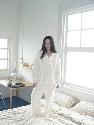 Cozy Coral Fleece Loose Fit V Neck Long Sleeve Women Home Beige Two Piece Suit