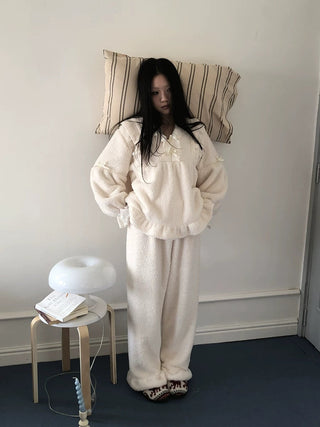 Cozy Coral Fleece Loose Fit V Neck Long Sleeve Women Home Beige Two Piece Suit