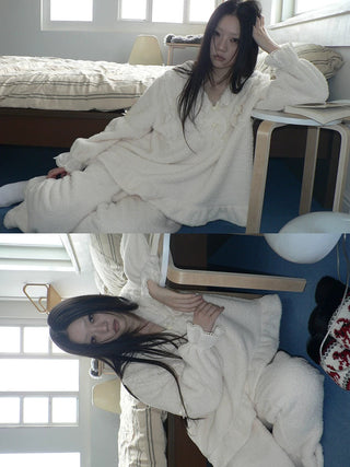 Cozy Coral Fleece Loose Fit V Neck Long Sleeve Women Home Beige Two Piece Suit