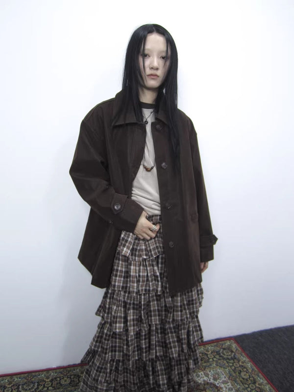 Cozy Deep Brown Street Straight Fit Lapel Long Sleeve Single Row Button Jacket