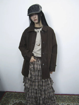Cozy Deep Brown Street Straight Fit Lapel Long Sleeve Single Row Button Jacket
