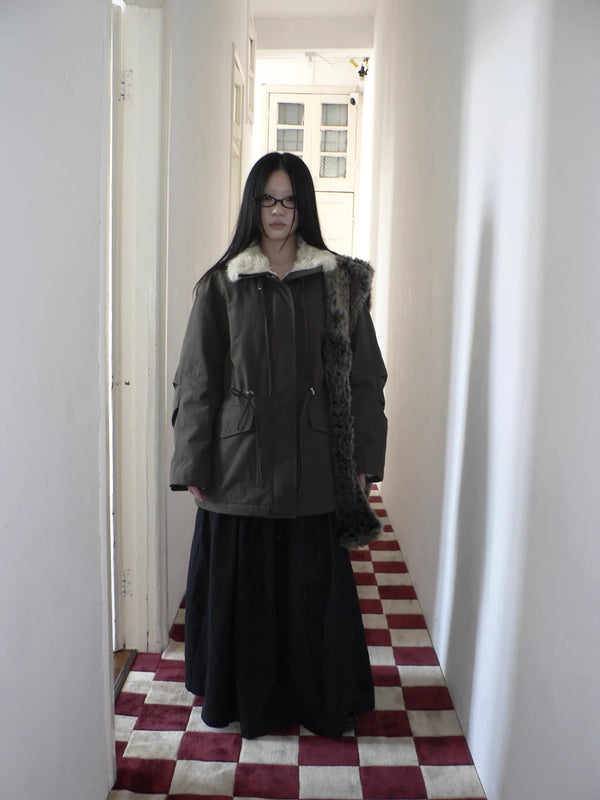 Cozy Fleece Lined Korean Loose Mid Length Zipper Women Cotton Blend Coat
