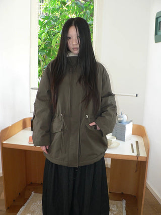 Cozy Fleece Lined Korean Loose Mid Length Zipper Women Cotton Blend Coat