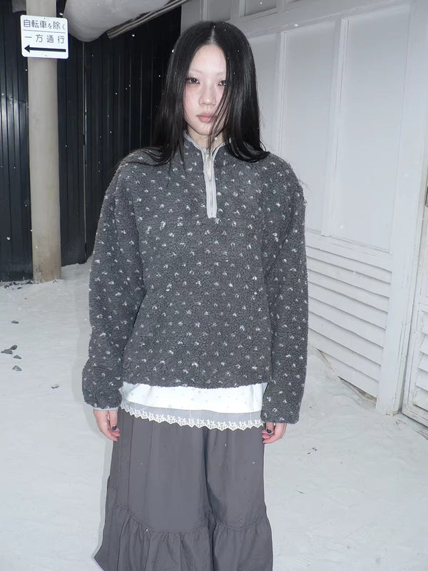 Cozy Floral Zip Stand Collar Oversized Commuter Polyester Long Sleeve Hoodies