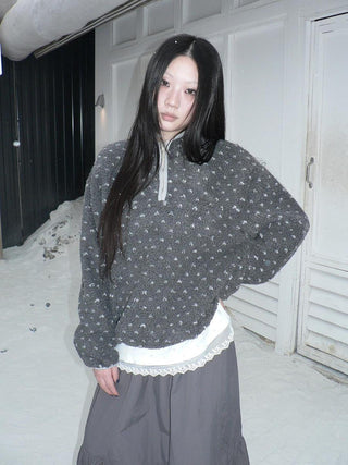 Cozy Floral Zip Stand Collar Oversized Commuter Polyester Long Sleeve Hoodies