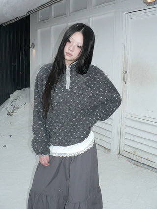 Cozy Floral Zip Stand Collar Oversized Commuter Polyester Long Sleeve Hoodies