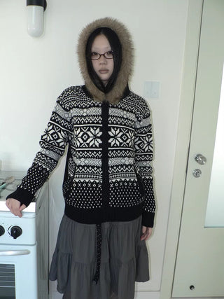 Cozy Fur Trim Commuter Loose Knit Zip Front Women One Size Black Hoodies