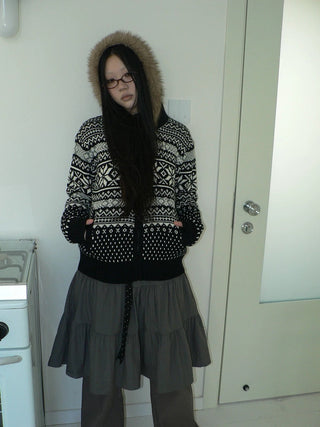 Cozy Fur Trim Commuter Loose Knit Zip Front Women One Size Black Hoodies