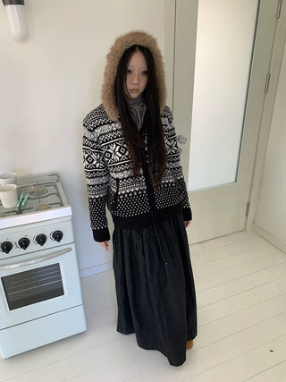 Cozy Fur Trim Commuter Loose Knit Zip Front Women One Size Black Hoodies