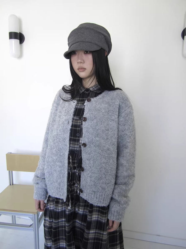 Cozy Korean Loose Fit Button Cardigan For Women Light Gray Round Neck Sweater