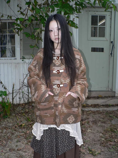 Cozy Oversized Vintage Commuter Round Neck Brown Single Button Puffer Jacket