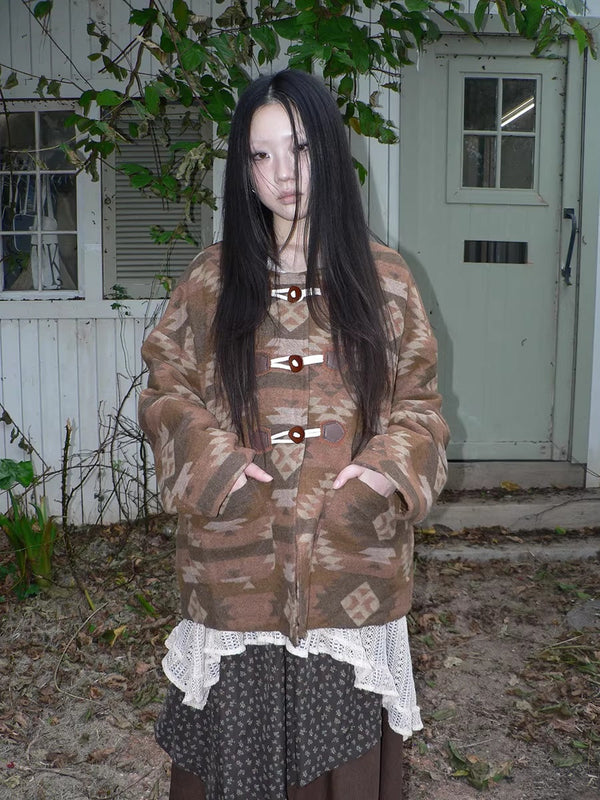 Cozy Oversized Vintage Commuter Round Neck Brown Single Button Puffer Jacket