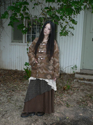 Cozy Oversized Vintage Commuter Round Neck Brown Single Button Puffer Jacket