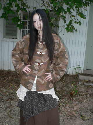 Cozy Oversized Vintage Commuter Round Neck Brown Single Button Puffer Jacket