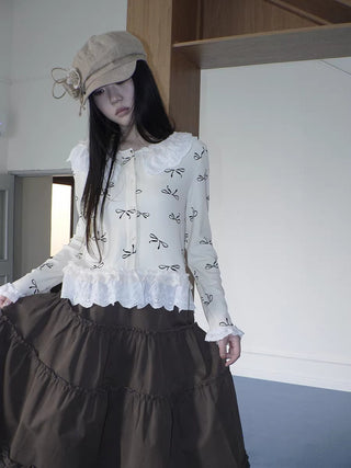 Cute Lace Bow Print Korean Loose Button Cardigan Long Sleeve Women T-Shirt