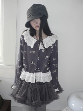 Cute Lace Bow Print Korean Loose Button Cardigan Long Sleeve Women T-Shirt