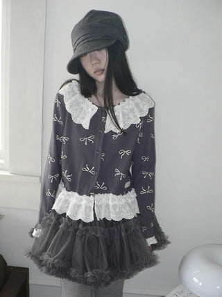 Cute Lace Bow Print Korean Loose Button Cardigan Long Sleeve Women T-Shirt