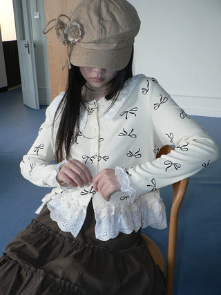 Cute Lace Bow Print Korean Loose Button Cardigan Long Sleeve Women T-Shirt