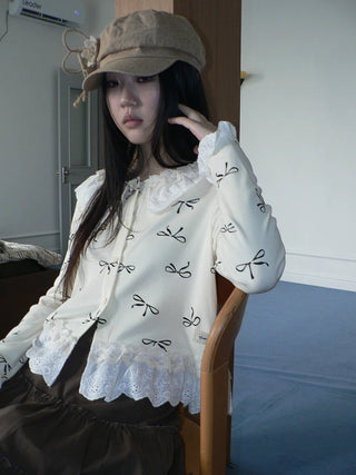 Cute Lace Bow Print Korean Loose Button Cardigan Long Sleeve Women T-Shirt