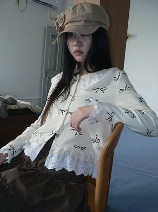 Cute Lace Bow Print Korean Loose Button Cardigan Long Sleeve Women T-Shirt