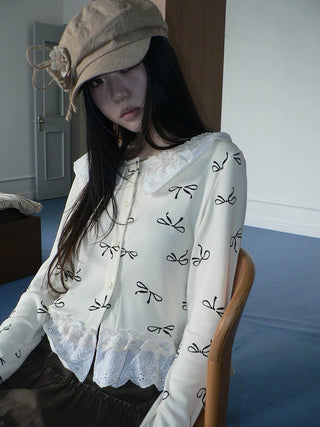 Cute Lace Bow Print Korean Loose Button Cardigan Long Sleeve Women T-Shirt