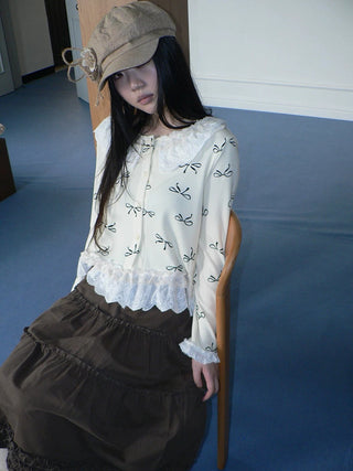 Cute Lace Bow Print Korean Loose Button Cardigan Long Sleeve Women T-Shirt