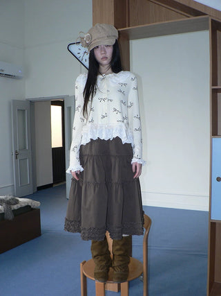 Cute Lace Bow Print Korean Loose Button Cardigan Long Sleeve Women T-Shirt