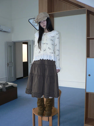 Cute Lace Bow Print Korean Loose Button Cardigan Long Sleeve Women T-Shirt