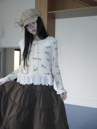 Cute Lace Bow Print Korean Loose Button Cardigan Long Sleeve Women T-Shirt