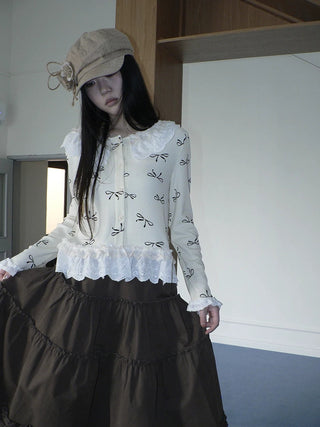 Cute Lace Bow Print Korean Loose Button Cardigan Long Sleeve Women T-Shirt