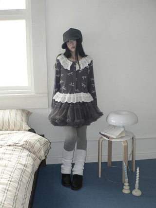 Cute Lace Bow Print Korean Loose Button Cardigan Long Sleeve Women T-Shirt
