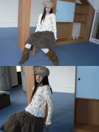 Cute Lace Bow Print Korean Loose Button Cardigan Long Sleeve Women T-Shirt