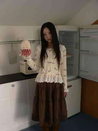 Cute Lace Bow Print Korean Loose Button Cardigan Long Sleeve Women T-Shirt