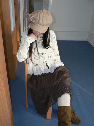 Cute Lace Bow Print Korean Loose Button Cardigan Long Sleeve Women T-Shirt