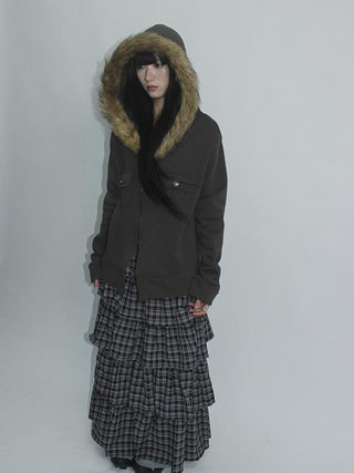 Detachable Fur Hooded Fleece Sweatshirt With Pockets