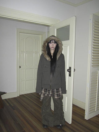 Detachable Fur Hooded Fleece Sweatshirt With Pockets