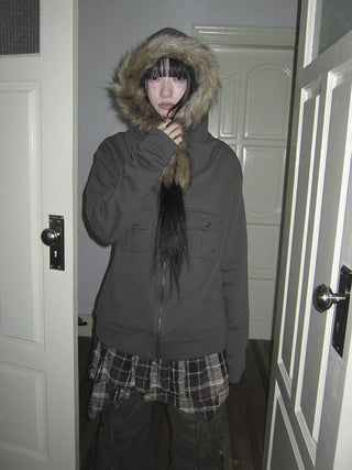 Detachable Fur Hooded Fleece Sweatshirt With Pockets