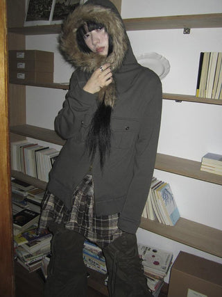 Detachable Fur Hooded Fleece Sweatshirt With Pockets