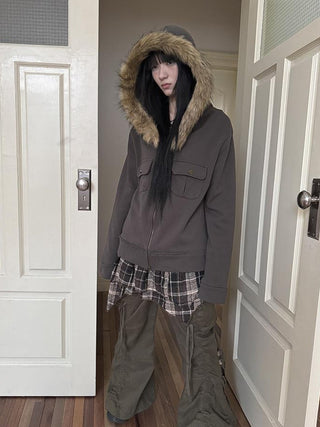 Detachable Fur Hooded Fleece Sweatshirt With Pockets