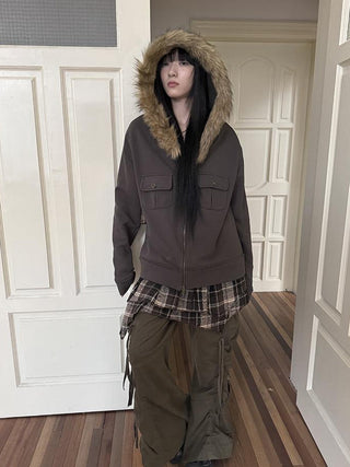 Detachable Fur Hooded Fleece Sweatshirt With Pockets
