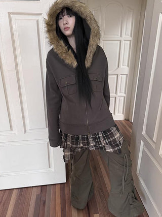 Detachable Fur Hooded Fleece Sweatshirt With Pockets
