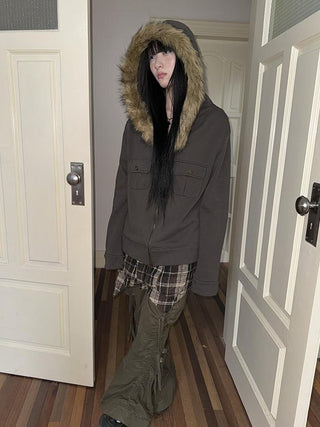 Detachable Fur Hooded Fleece Sweatshirt With Pockets