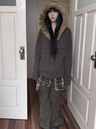 Detachable Fur Hooded Fleece Sweatshirt With Pockets
