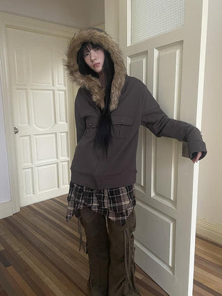Detachable Fur Hooded Fleece Sweatshirt With Pockets