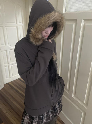 Detachable Fur Hooded Fleece Sweatshirt With Pockets
