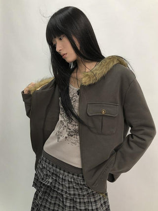 Detachable Fur Hooded Fleece Sweatshirt With Pockets